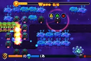 Escena de un videojuego con caminos oscuros, enemigos pequeños y plantas azules iluminadas, con indicadores en la parte superior