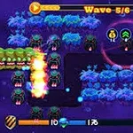 Escena de un videojuego con caminos oscuros, enemigos pequeños y plantas azules iluminadas, con indicadores en la parte superior