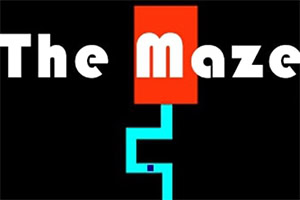 Texto The Maze en blanco sobre fondo negro, con un camino azul claro que sale de un rectángulo rojo