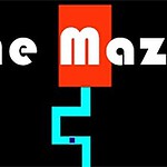 Texto The Maze en blanco sobre fondo negro, con un camino azul claro que sale de un rectángulo rojo
