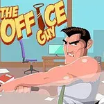 Hombre musculoso con expresión desafiante en una oficina, acompañado de un hombre mayor con bigote blanco y aspecto enojado, fondo con muebles de oficina y un gran ventanal
