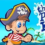 Niño vestido de pirata con sombrero, fondo de playa y barco, junto al texto the Pirate Kid