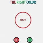 Texto The Right Color en la parte superior, círculo con la palabra Blue en el centro, y botones de selección con una X roja y un círculo verde