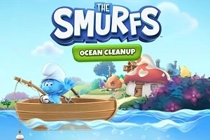 Un personaje azul en un bote de madera pescando frente a casas de hongos en un paisaje colorido