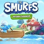 Un personaje azul en un bote de madera pescando frente a casas de hongos en un paisaje colorido