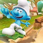 Un personaje azul y sonriente con un gorro blanco montando una patineta en un pueblo con casas en forma de hongos