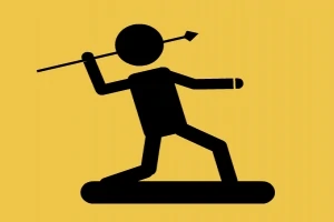 Figura de palitos en posición de lanzar una lanza sobre un fondo amarillo