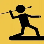 Figura de palitos en posición de lanzar una lanza sobre un fondo amarillo