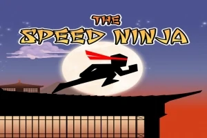 Silueta de un ninja corriendo con un fondo de luna llena y un cielo al atardecer