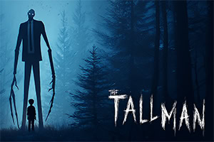 Figura alta y oscura con extremidades largas junto a un niño en un bosque neblinoso, con el texto TALLMAN