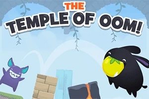 Dos personajes caricaturizados, uno morado y otro negro, junto a bloques y un fruto amarillo, bajo un letrero que dice THE TEMPLE OF OOM!