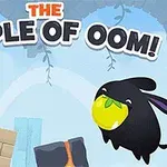 Dos personajes caricaturizados, uno morado y otro negro, junto a bloques y un fruto amarillo, bajo un letrero que dice THE TEMPLE OF OOM!