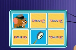 The Tom and Jerry Show: Memory Mischief Diseño de tablero con cuadros donde aparece un ratón con sombrero detective y una lupa, sobre un fondo azul y amarillo