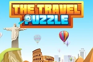 Título The Travel Puzzle con un fondo de monumentos famosos como el Cristo Redentor, el Coliseo y un globo aerostático