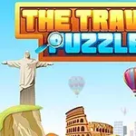 Título The Travel Puzzle con un fondo de monumentos famosos como el Cristo Redentor, el Coliseo y un globo aerostático