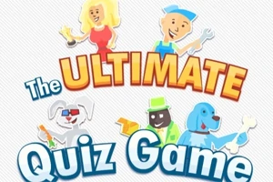 Ilustración de caracteres animados junto al texto The Ultimate Quiz Game, con detalles coloridos
