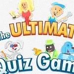 Ilustración de caracteres animados junto al texto The Ultimate Quiz Game, con detalles coloridos