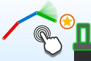 Mano apuntando a un mecanismo articulado de colores rojo, azul y verde cerca de una estrella dorada y una estructura verde
