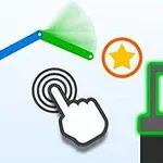 Mano apuntando a un mecanismo articulado de colores rojo, azul y verde cerca de una estrella dorada y una estructura verde