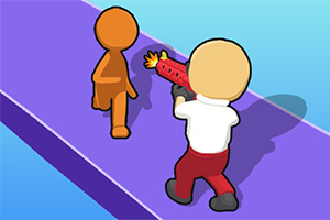 Una figura animada en tercera persona usa una pistola de juguete roja para apuntar a un personaje anaranjado en un camino púrpura