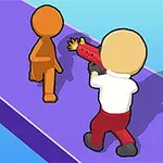 Una figura animada en tercera persona usa una pistola de juguete roja para apuntar a un personaje anaranjado en un camino púrpura