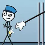 Dibujo de un guardia de seguridad con sombrero azul siendo robado por un brazo largo que atraviesa una reja, tomando unas llaves