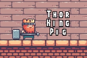 Un personaje pixelado con casco y martillo camina frente a un muro de ladrillos con el texto Thor King Pig al lado