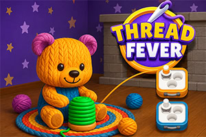 Osito tejido naranja con ovillos de estambre y el logo Thread Fever sobre fondo morado