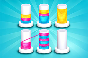 Seis carretes blancos con hilos de colores brillantes sobre fondo turquesa con rayos