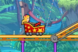 Mujer rubia en un carrito de montaña rusa rojo con estrellas amarillas, en un entorno de jungla con vegetación y fondos coloridos