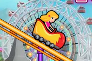 Dibujo de una niña rubia en un carrito de montaña rusa con una rueda de la fortuna de fondo