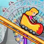 Dibujo de una niña rubia en un carrito de montaña rusa con una rueda de la fortuna de fondo