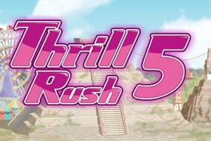 Texto rosa grande Thrill Rush 5 sobre un fondo de paisaje con una noria y una estructura de pirámide