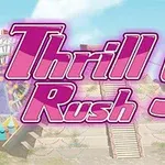 Texto rosa grande Thrill Rush 5 sobre un fondo de paisaje con una noria y una estructura de pirámide