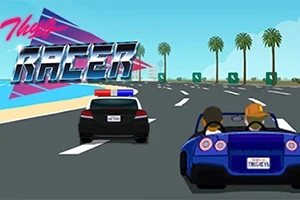 Dos autos, uno de policía y otro azul con dos personas, circulan por una carretera rodeada de palmeras bajo un cielo azul