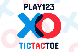 Logo con las letras XO en azul y rojo y el texto PLAY123 arriba y TICTACTOE abajo sobre fondo blanco con símbolos difuminados