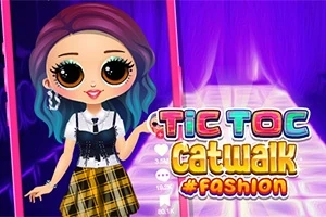 Personaje estilo caricatura con cabello multicolor en una pasarela iluminada con texto colorido al lado