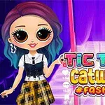 Personaje estilo caricatura con cabello multicolor en una pasarela iluminada con texto colorido al lado