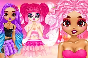 Tres muñecas estilizadas con cabello colorido y atuendos vibrantes, destacando tonos rosados y morados