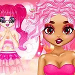 Tres muñecas estilizadas con cabello colorido y atuendos vibrantes, destacando tonos rosados y morados