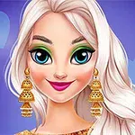 Mujer de cabello blanco con pendientes dorados grandes y maquillaje vibrante sobre fondo violeta con corazones