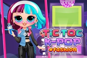 Niña con cabello de colores brillantes sosteniendo un micrófono, junto al texto Tic Toc K-Pop #Fashion en un diseño colorido
