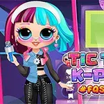 Niña con cabello de colores brillantes sosteniendo un micrófono, junto al texto Tic Toc K-Pop #Fashion en un diseño colorido