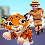 Un tigre caricaturizado corriendo delante de un guardabosques sobre una calle en una ciudad