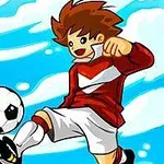 Jugador de fútbol en estilo de dibujos animados pateando un balón con un cielo azul al fondo