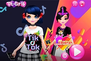 Dos personajes animados con estilos de moda contrastantes, uno con cabello azul y otro con cabello negro, frente a un fondo colorido