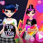 Dos personajes animados con estilos de moda contrastantes, uno con cabello azul y otro con cabello negro, frente a un fondo colorido
