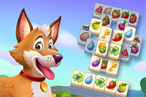 Perro animado alegre junto a fichas de juego con imágenes de frutas y objetos