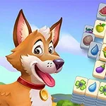Perro animado alegre junto a fichas de juego con imágenes de frutas y objetos