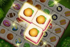Tres fichas de hamburguesa brillando en un tablero de fichas con diversos alimentos ilustrados